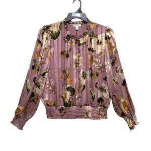 TAMARA H Blouse Top Women Size XL Pink Floral Long Sleeve Ruffle Elastic Hem